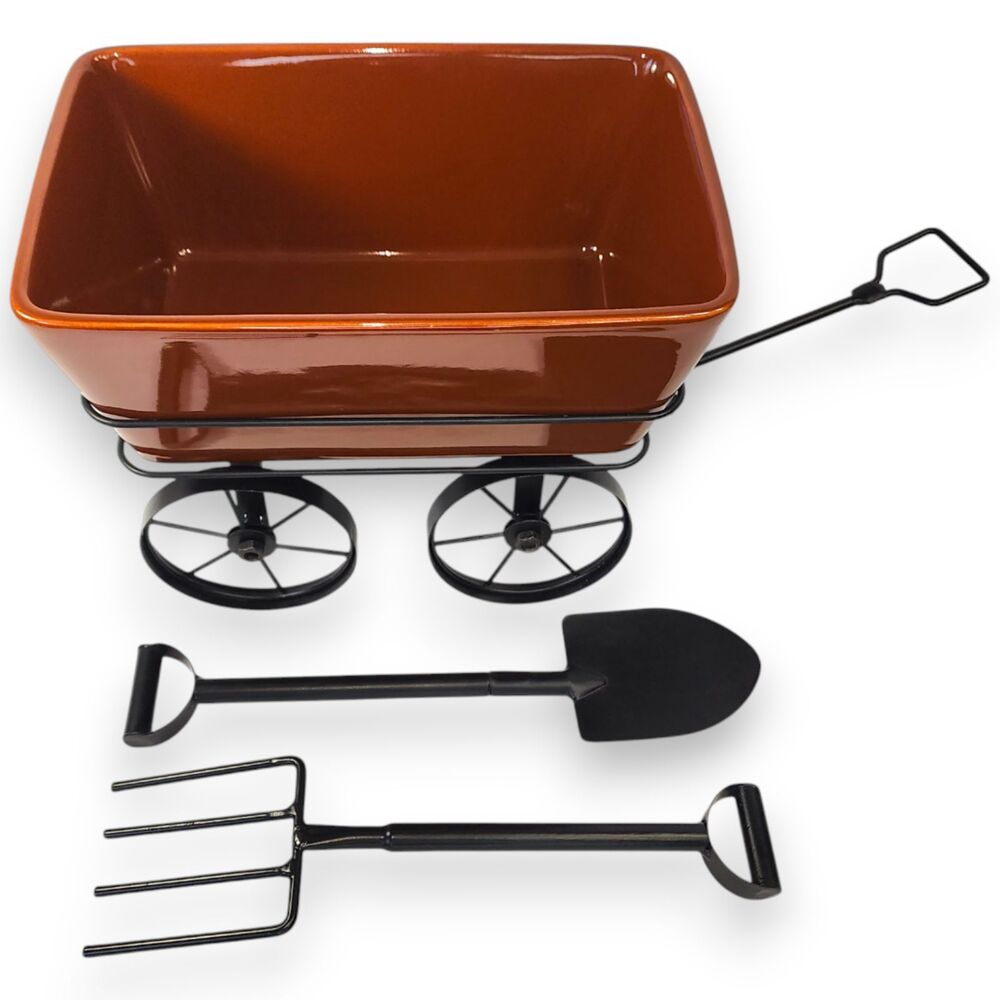 LTD Salad Bowl-Garden-Décor Wagon-Ceramic Brown with Shovel & Fork - Picture 2 of 11